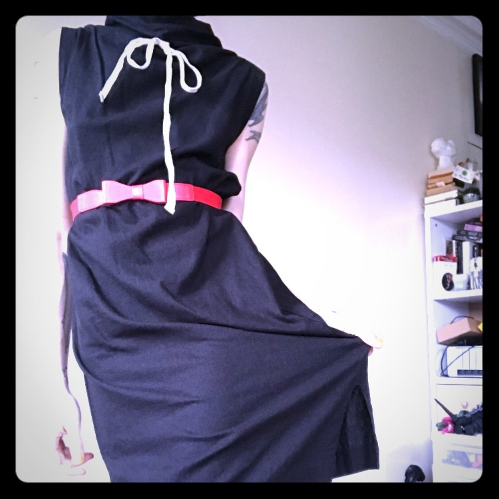 Gothic linen cowl neck dress with neck tie